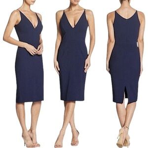 DRESS THE POPULATION ✘ Lyla Crepe Sheath Dress Midnight Blue Deep V Sleeveless